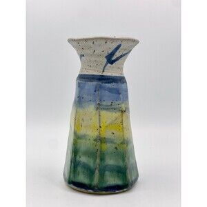 Handmade Studio Art Pottery Vase Signed MEG Sunset Glaze in Green, Yellow & Blue